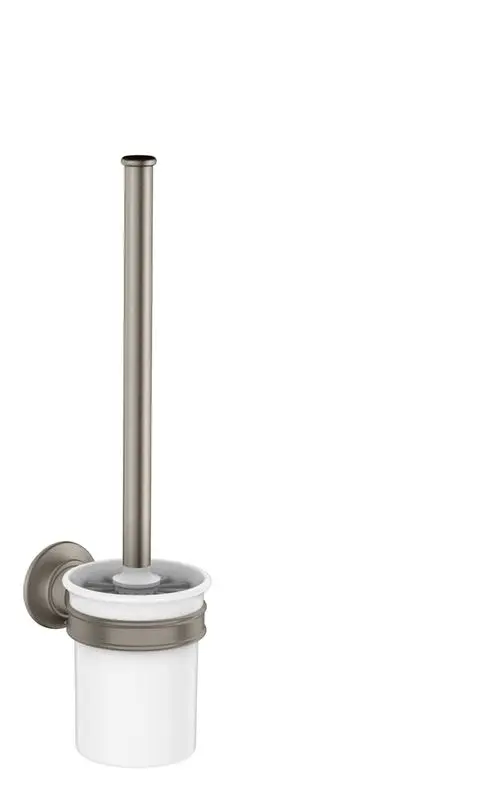 Wandmontierter Toilettenbürstenhalter aus Edelstahl mit weißem Behälter. Produkt von AXOR, geeignet für die Badezimmerinstallation.